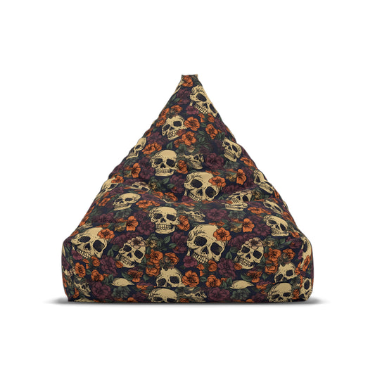 Floral Skull Bean Bag Chair Cover - Lockable Zipper, 2 Size Options, Gothic Home Decor